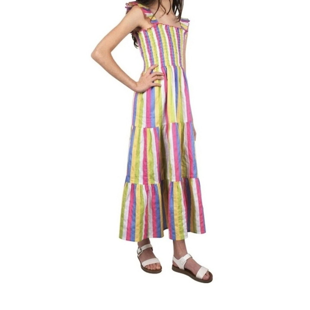 Zunie Girls Sundress Striped Smocked Dress Size Large 10/12 Pink Blue Yellow